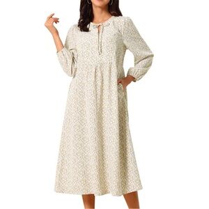 Cream Floral Tie-Neck Midi Dress